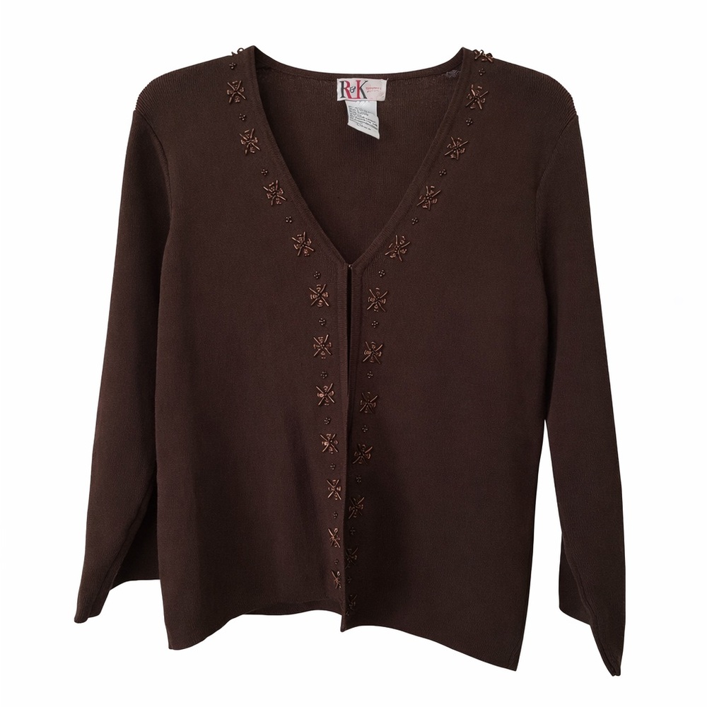 Vintage Waist Length Cardigan Sweater brown lightweight size 10 petite v-neck